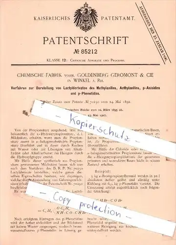 Original Patent  - Chemische Fabrik vorm. Goldenberg Geromont & Cie in Winkel a. Rh. , 1895 , !!!