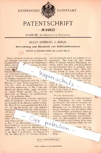 Original Patent  - Hugo Asseburg in Berlin , 1895 , Abschluß von Glühlichtbrennern !!!