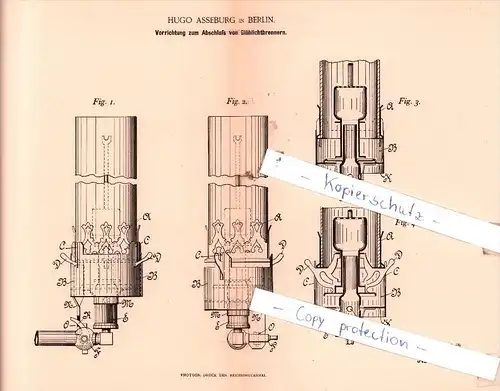 Original Patent  - Hugo Asseburg in Berlin , 1895 , Abschluß von Glühlichtbrennern !!!