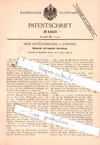 Original Patent  - Herm. Mittelstenscheid in Elbefeld , 1895 , Weckeruhr mit Ausrückung !!!