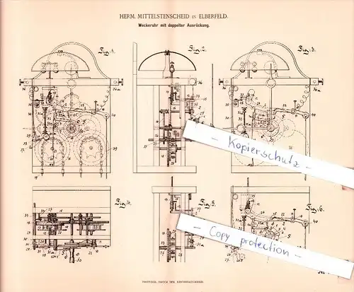 Original Patent  - Herm. Mittelstenscheid in Elbefeld , 1895 , Weckeruhr mit Ausrückung !!!