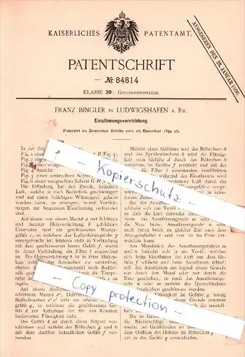 Original Patent  - Franz Bingler in Ludwigshafen a. Rh. , 1894 , Einathmungsvorrichtung !!!