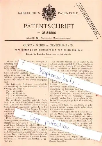 Original Patent  - Gustav Weber in Gevelsberg i. W. , 1895 ,  Balligdrehen von Riemscheiben !!!