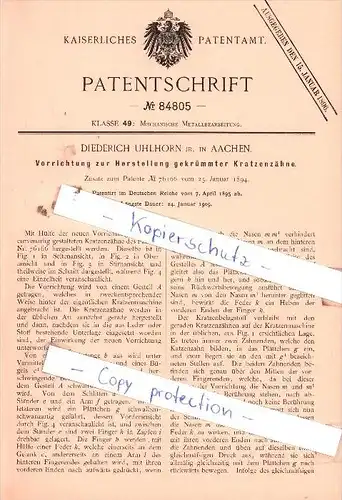 Original Patent  - Diederich Uhlhorn jr. in Aachen , 1895 , Herstellung gekrümmter Kratzenzähne !!!