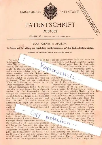 Original Patent  - Max Wiener in Apolda , 1894 , Flecht- und Strickmaschinen !!!