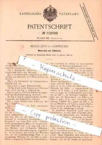 Original Patent  - Hugo Levi in Göppingen , 1898 ,  Meterstab mit Zählwerk !!!