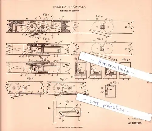 Original Patent  - Hugo Levi in Göppingen , 1898 ,  Meterstab mit Zählwerk !!!