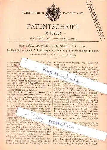 Original Patent  - Frau Anna Spengler in Blankenburg a. Harz , 1898 , Wasserleitung !!!