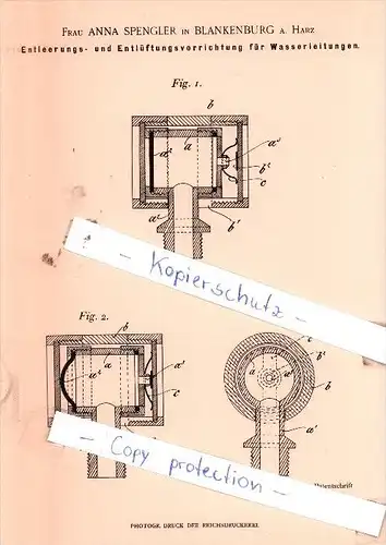 Original Patent  - Frau Anna Spengler in Blankenburg a. Harz , 1898 , Wasserleitung !!!