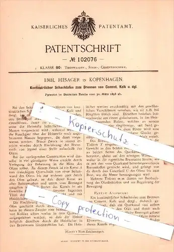 Original Patent  - Emil Riisager in Kopenhagen , 1898 , Schachtofen zum Brennen von Cement !!!