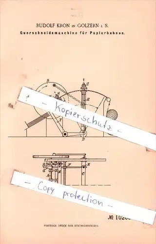 Original Patent  - Rudolf Kron in Golzern i. S. , 1898 , Quershneidemaschine für Papierbahnen !!!