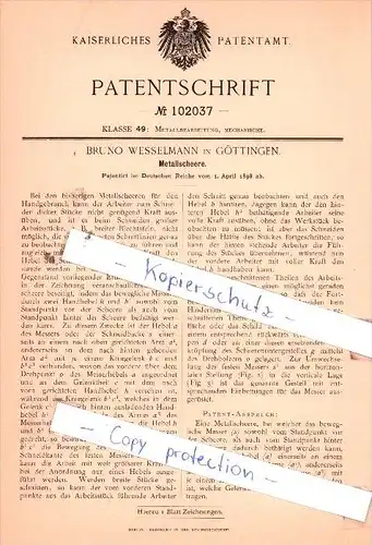 Original Patent  - Bruno Wesselmann in Göttingen , 1898 , Metallscheere !!!
