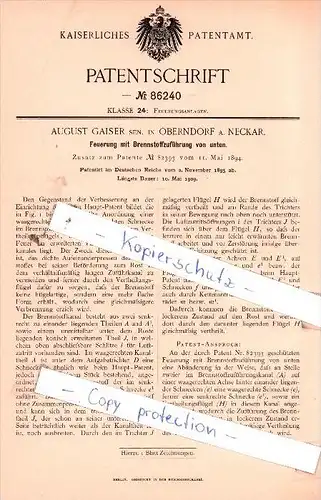 Original Patent  - August Gaiser sen. in Oberndorf a. Neckar , 1895 , Feuerungsanlagen !!!