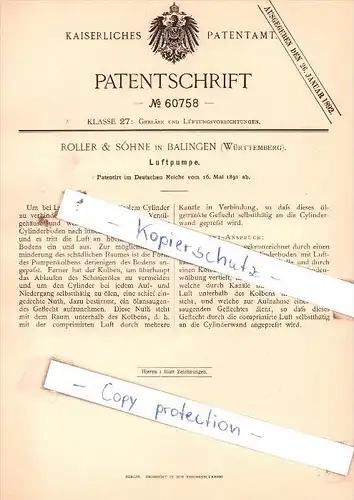 Original Patent  - Roller & Söhne in Balingen , Württemberg , 1891 , Luftpumpe !!!