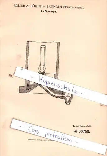Original Patent  - Roller & Söhne in Balingen , Württemberg , 1891 , Luftpumpe !!!