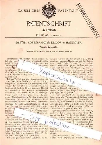 Original Patent  - Dreyer, Rosenkranz & Droop in Hannover , 1895 , Vakuum-Manometer !!!
