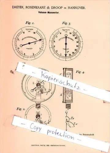 Original Patent  - Dreyer, Rosenkranz & Droop in Hannover , 1895 , Vakuum-Manometer !!!