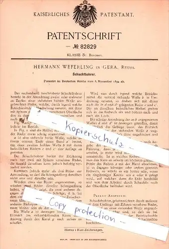 Original Patent  - Hermann Weferling in Gera, Reuss , 1894 ,  Schachtbohrer !!!