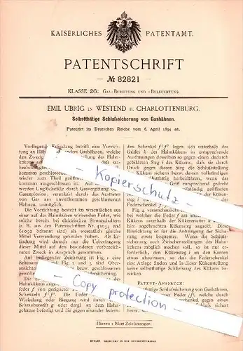 Original Patent  - E. Ubrig in Westend b. Charlottenburg , 1894 , Schlußsicherung von Gashähnen !!!