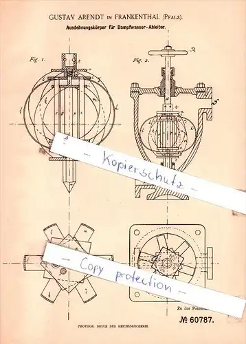 Original Patent  - Gustavv Arendt in Frankenthal , Pfalz , 1891 , Dampfkessel nebst Ausrüstung !!!