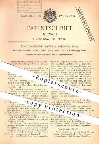 original Patent - Leone Cornelio Sagui in Saloniki , Türkei , 1904 , Acetylenentwickler für aufblasbare Rettungsgürtel !