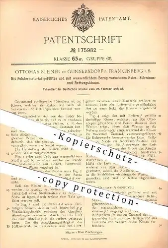 original Patent - O. Steiner , Gunnersdorf / Frankenberg , 1905, Schwimmkissen , Rettungskissen , Kissen , Rettungswesen