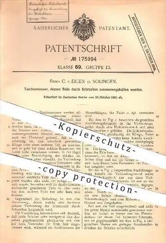 original Patent - C. v. Eigen in Solingen , 1905 , Taschenmesser , Messer , Schneidemesser , Klinge , Werkzeuge