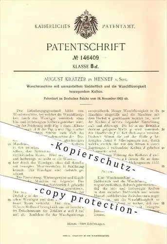 original Patent - August Krätzer , Hennef , 1902 , Waschmaschine mit ummanteltem Siebbottich , Waschen , Wäscherei !!!