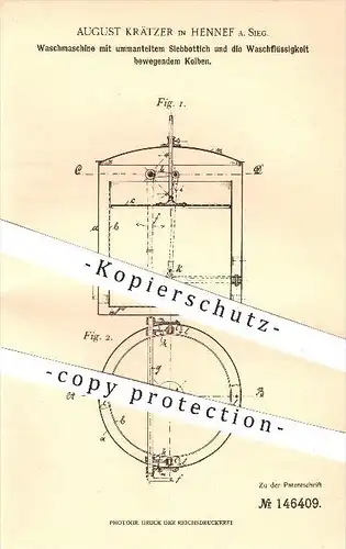 original Patent - August Krätzer , Hennef , 1902 , Waschmaschine mit ummanteltem Siebbottich , Waschen , Wäscherei !!!