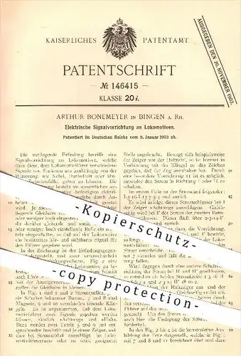 original Patent - A. Bonemeyer , Bingen 1903 , Elektrische Signale an Lokomotiven , Lokomotive , Eisenbahn , Eisenbahnen