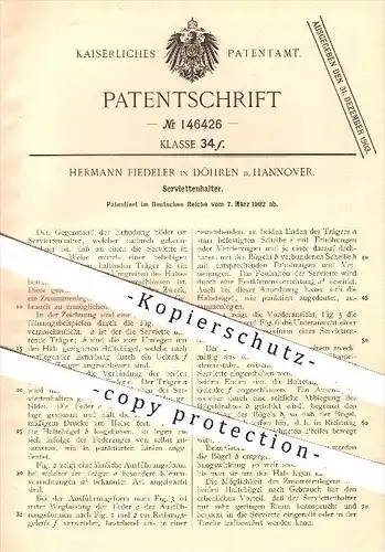 original Patent - H. Fiedeler , Döhren / Hannover , 1902 , Serviettenhalter , Servietten , Serviette , Tisch , Haushalt