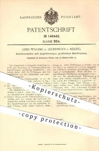 original Patent - Gebr. Willems , Hilbringen / Merzig , 1902 , Scheibenmühle mit kegelförmigen Mahlflächen , Mühlen !!