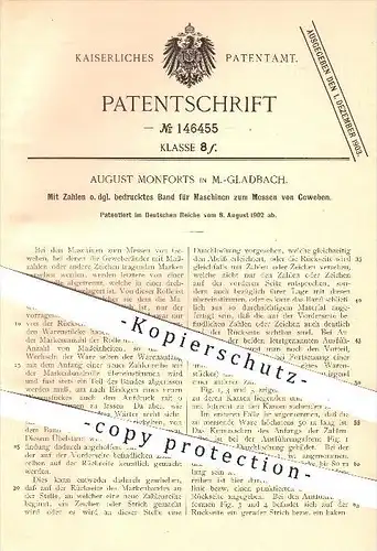 original Patent - A. Monforts , Mönchengladbach , 1902 , Maßband zum Messen von Gewebe , Abmessen , Längenmaß , Länge