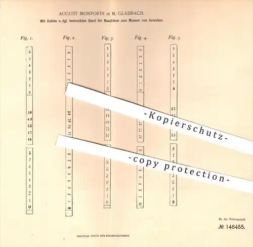 original Patent - A. Monforts , Mönchengladbach , 1902 , Maßband zum Messen von Gewebe , Abmessen , Längenmaß , Länge