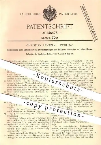 original Patent - Ch. Arntzen , Koblenz , 1902 , Schließen u. Bekleben der Briefumschläge , Frankieren , Post , Kuvert