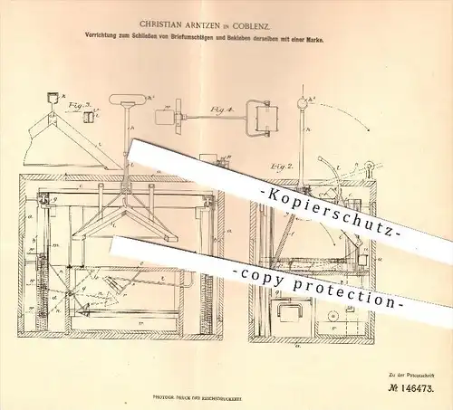 original Patent - Ch. Arntzen , Koblenz , 1902 , Schließen u. Bekleben der Briefumschläge , Frankieren , Post , Kuvert