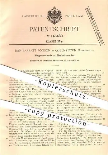 original Patent - Dan Barratt Pogson , Queenstown , Kapkolonie , 1902 , Klappenmechanik für Blasinstrumente , Musik !!