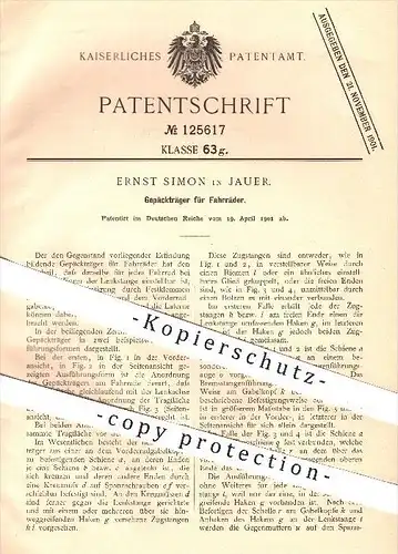 original Patent - Ernst Simon in Jauer , 1901 , Gepäckträger für Fahrräder , Fahrrad , Lenkung , Gepäck , Fahrzeugbau !!