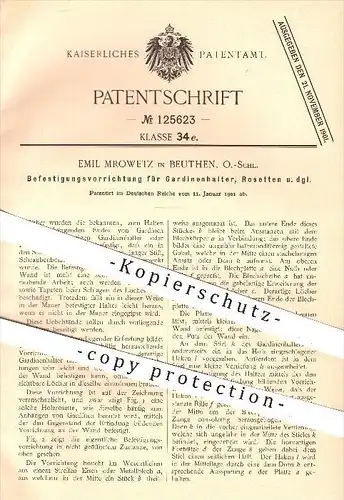 original Patent - Emil Mrowetz , Beuthen , 1901 , Befestigung für Gardinenhalter , Rosetten , Gardinen , Vorhänge !!!