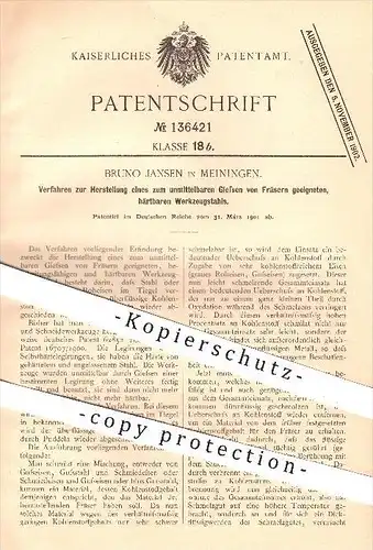 original Patent - Bruno Jansen in Meiningen , 1901 , Herstellung von härtbarem Werkzeug - Stahl , Fräser , Eisen !!!