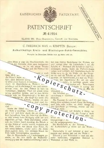 original Patent - C. Friedrich Hax in Kempten , 1887 , Schärfmaschine für Kreissäge u. Blattsäge , Säge , Sägen , Holz !