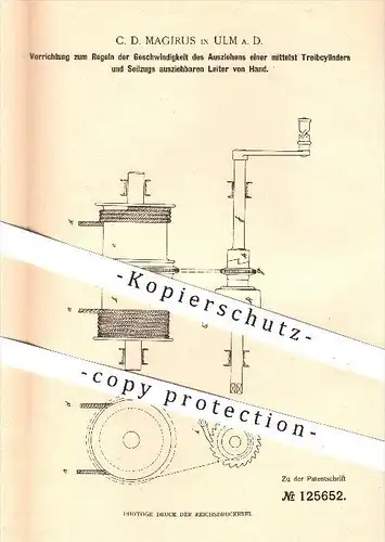 original Patent - C. D. Magirus , Ulm , 1901 , ausziehbare Leiter mittels Treibzylinder u. Seilzug , Winde , Flaschenzug