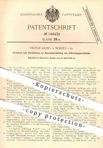 original Patent - Victor Krieg , Nossen , 1903 , Massenherstellung von Zelluloid - Gegenständen , Celluloid !!!