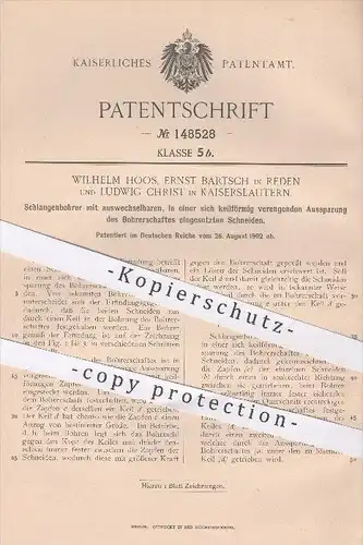 original Patent - W. Hoos , E. Bartsch / Reden , L. Christ / Kaiserslautern , 1902 , Schlangenbohrer , Bohrer , Bohren