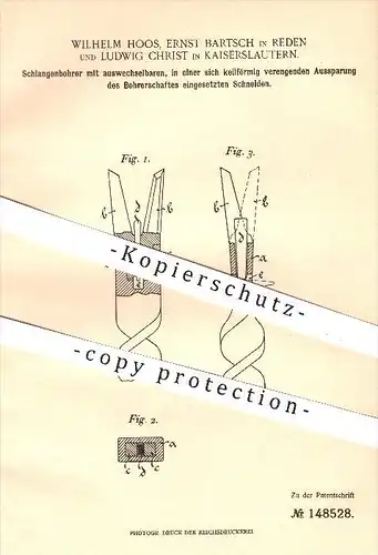 original Patent - W. Hoos , E. Bartsch / Reden , L. Christ / Kaiserslautern , 1902 , Schlangenbohrer , Bohrer , Bohren