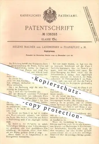 original Patent - H. Maurer / Landmesser , Frankfurt / Main , 1901 , Kopierpresse , Kopieren , Kopie , Presse , Pressen