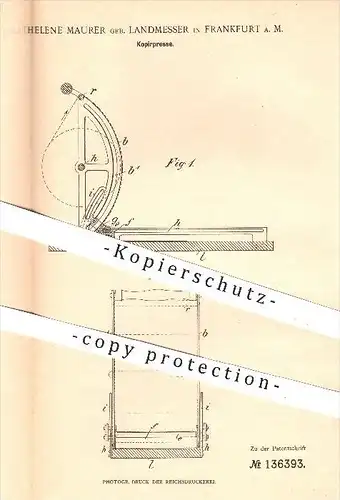 original Patent - H. Maurer / Landmesser , Frankfurt / Main , 1901 , Kopierpresse , Kopieren , Kopie , Presse , Pressen