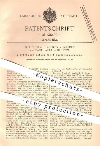 original Patent - W. Elsner , Blasewitz , P. Latta , Dresden 1901 , Einfärben mit Tiegeldruckpressen , Druck , Druckerei