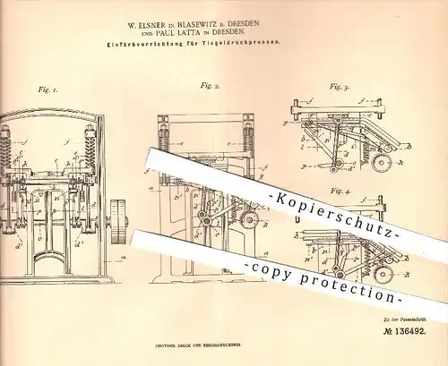 original Patent - W. Elsner , Blasewitz , P. Latta , Dresden 1901 , Einfärben mit Tiegeldruckpressen , Druck , Druckerei