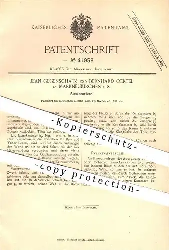 original Patent - Jean Gegenschatz , B. Oertel , Markneukirchen , 1886 , Blasakkordeon , Akkordeon , Musikinstrumente !!